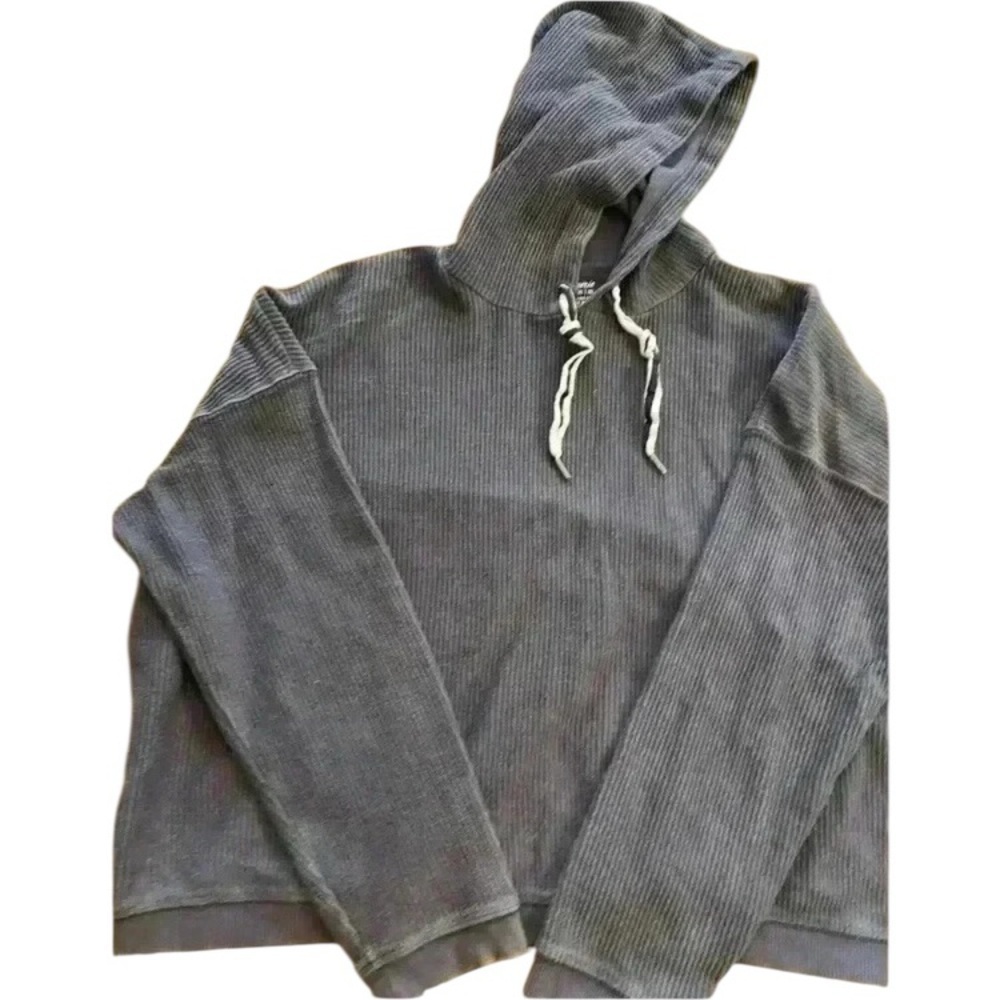 Aerie Women’s Hoodie Pullover Cropped Cotton Gray Waffle Sweatshirt XL